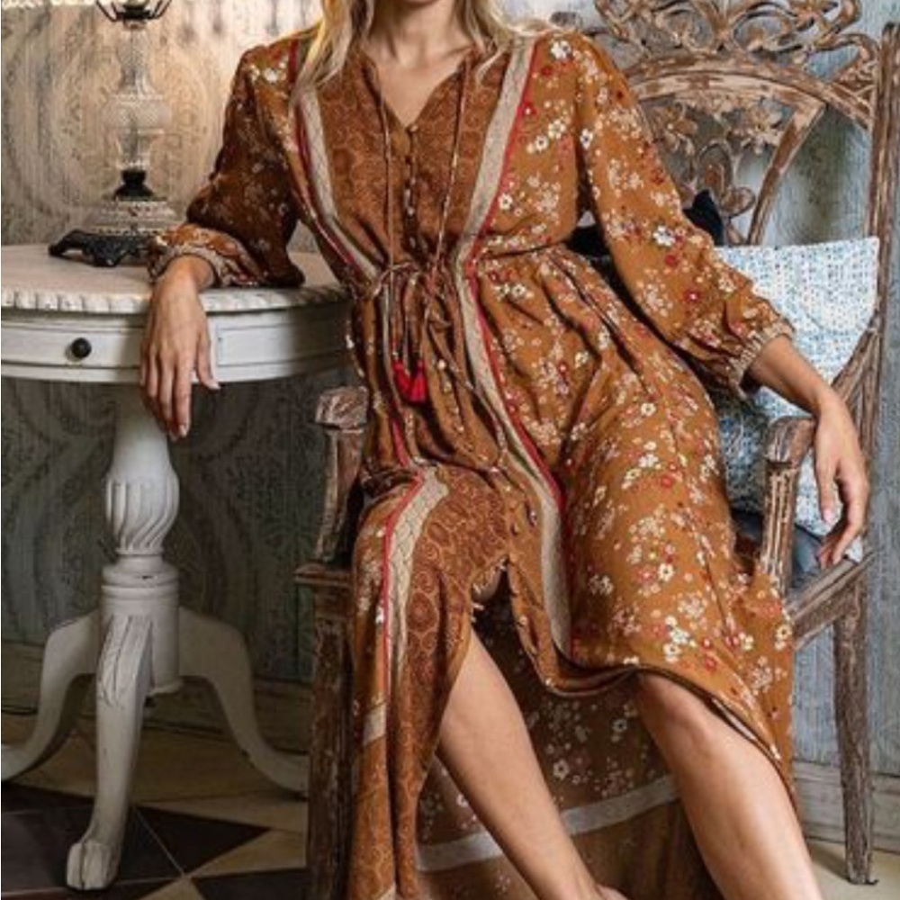 Tulle & Batiste Grace Maxi Dress Button Front Elastic Waist Terracotta Small - Picture 3 of 13
